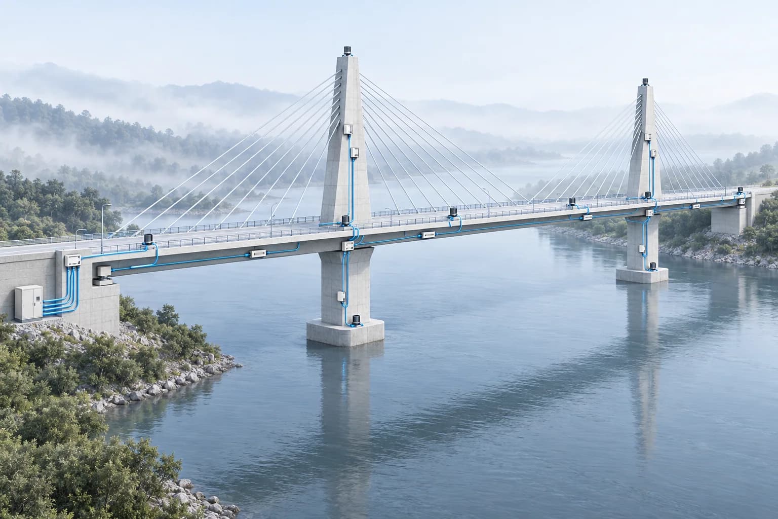 Cable-stayed bridge with measurement points on the supports and span