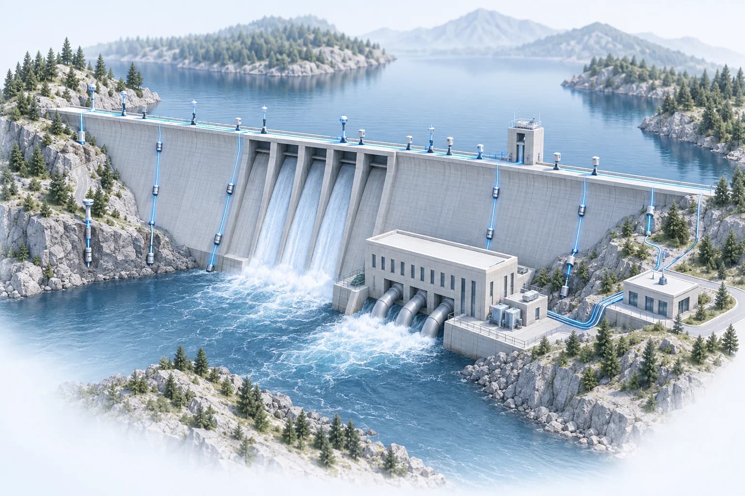 Hydropower dam and station building with marked measurement points