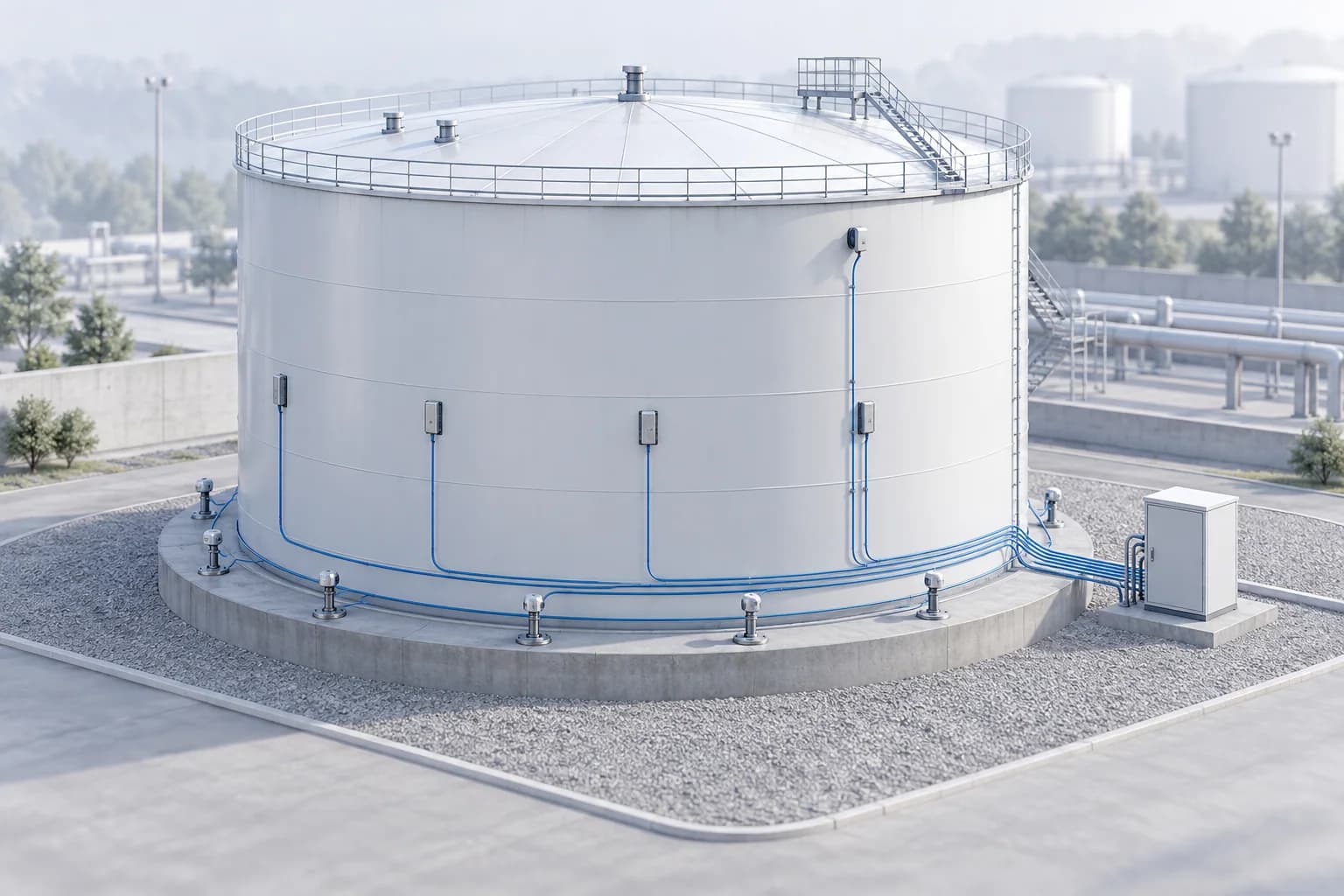 Industrial storage tank with instruments at its wall and base