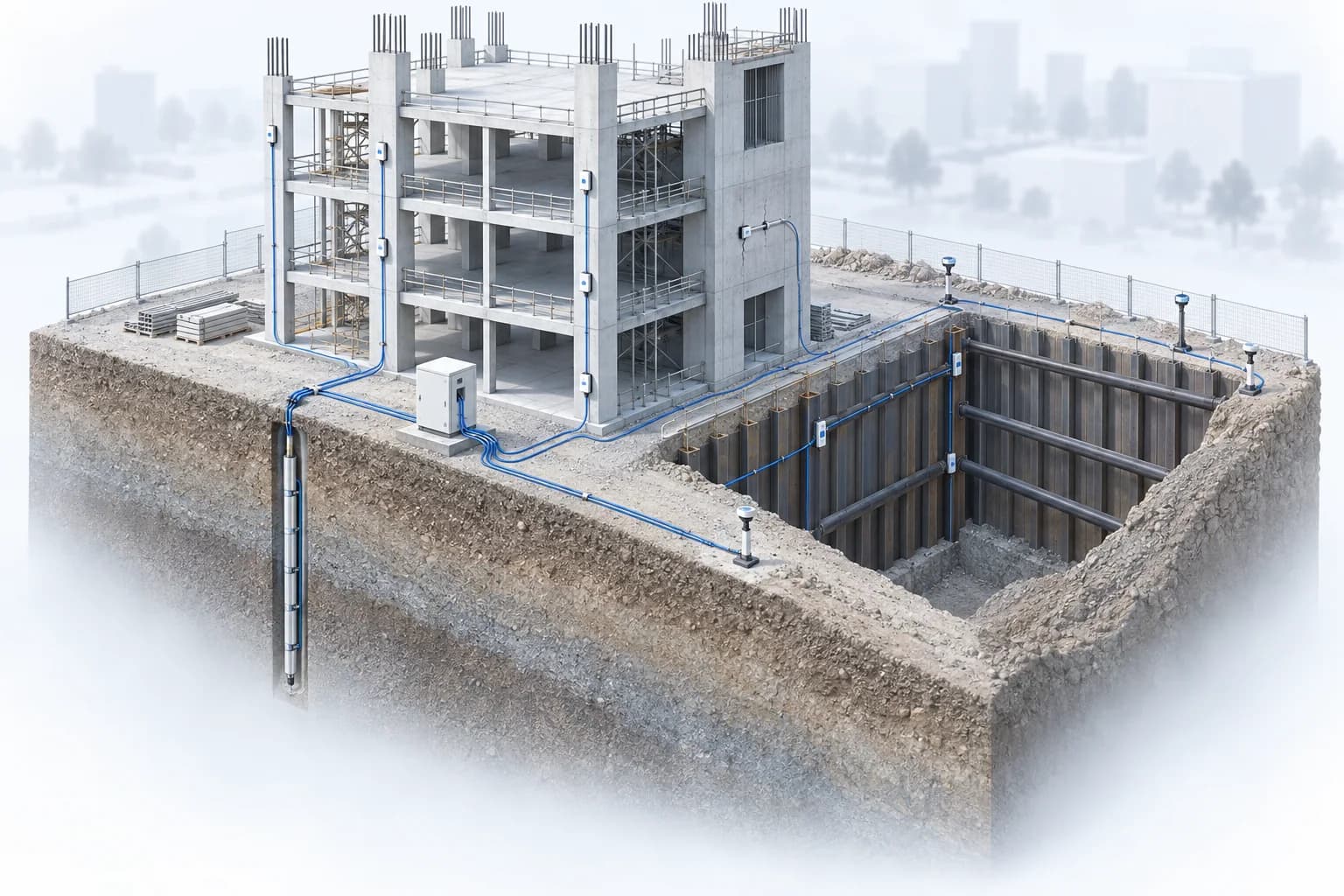 Building and excavation with measurement points in the structure and ground
