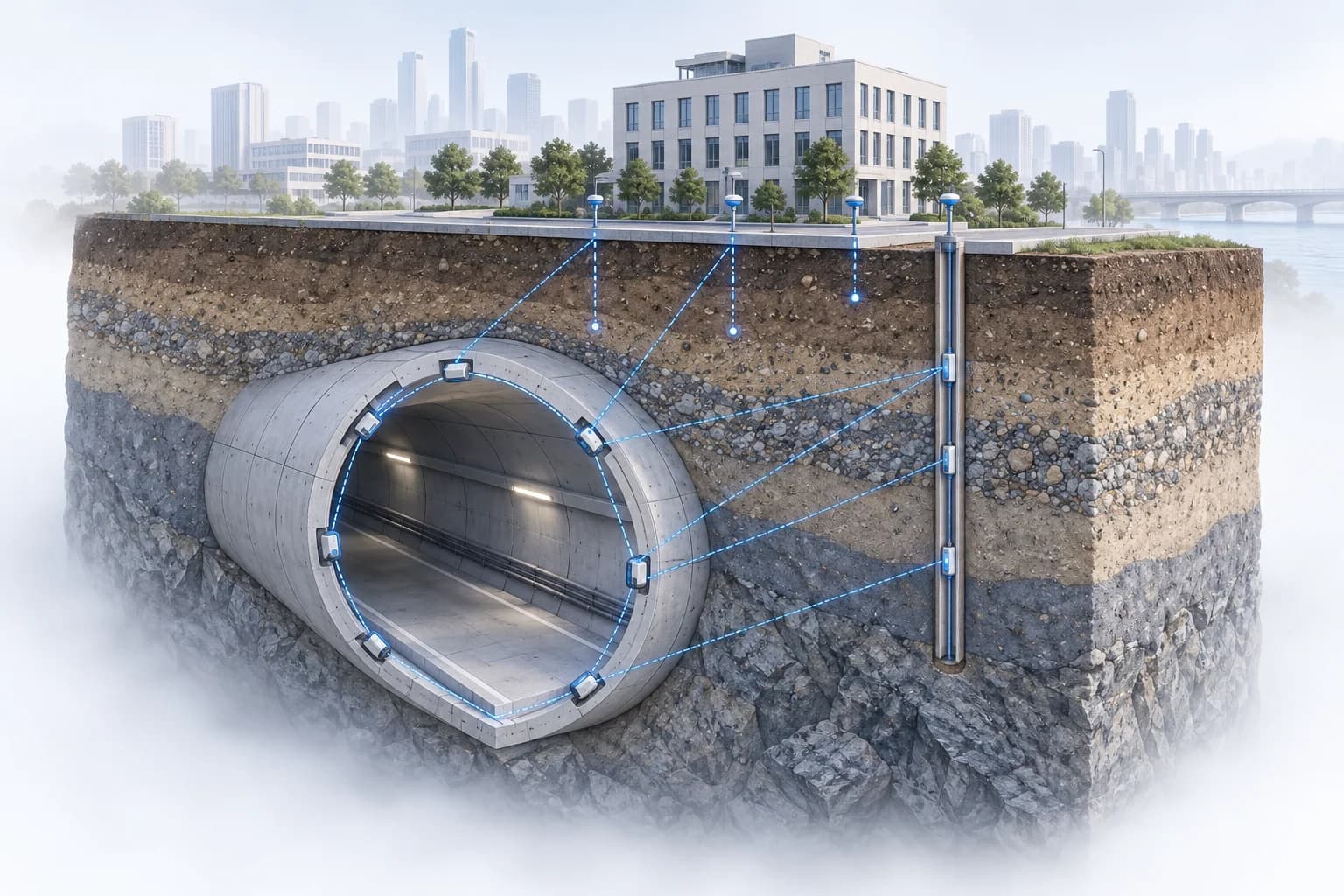 Tunnel cross-section with sensors in the lining and surrounding ground
